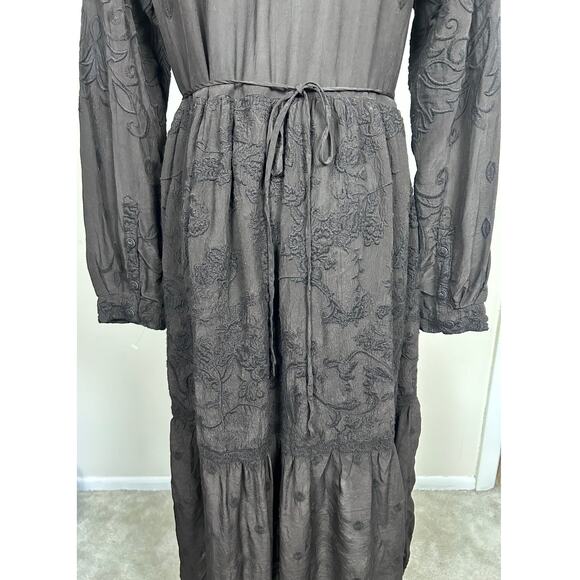 Johnny Was Embroidered Eyelet Midi Dress Size S Black Long Sleeve Ruffle NWOT - Picture 6 of 7